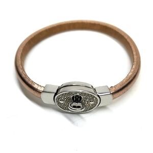 Fossil Silver Steel Metallic Tan Leather Pave Crystal Lock and Key Bracelet